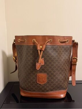 Celine Brown Macadam Monogram Drawstring Bucket Crossbody Bag Authentic